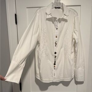Dismero White Button Down Shirt with Embroidery and Artistic Buttons, Size XXL